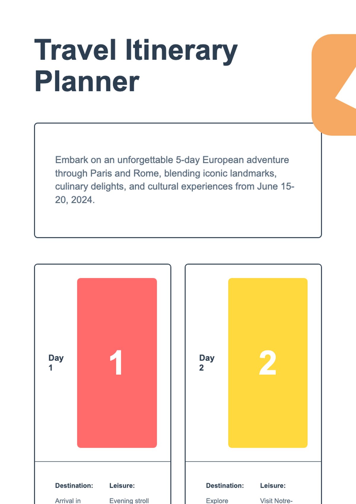 Colorful 5 day itinerary planner template with daily schedule and travel details_variant_1